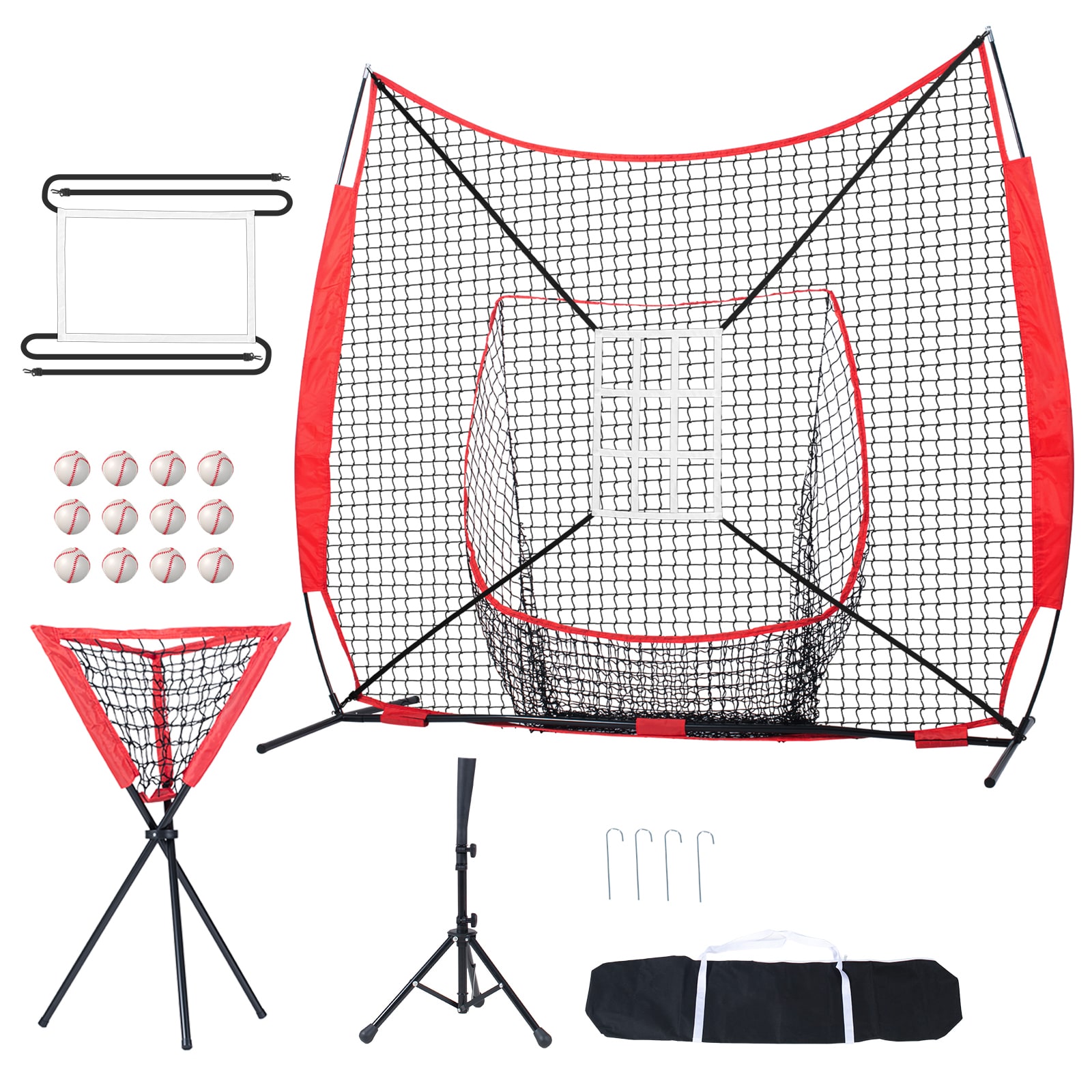 7x7 Ft Baseball Softball Practice Net, Portable Baseball Training Net For Hitting Catching Pitching, Backstop Equipment With Bow Frame, Carry Bag, Strike Zone, 12 Balls, Tee, And Ball Collector_voghion.com